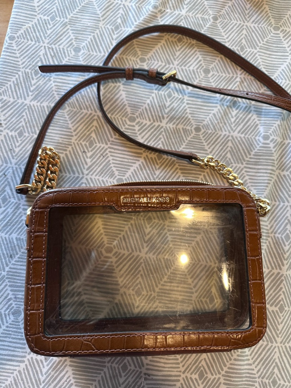 Michael Kors Brown Clear Crossbody Bag with leather strap and Gold Chain accents